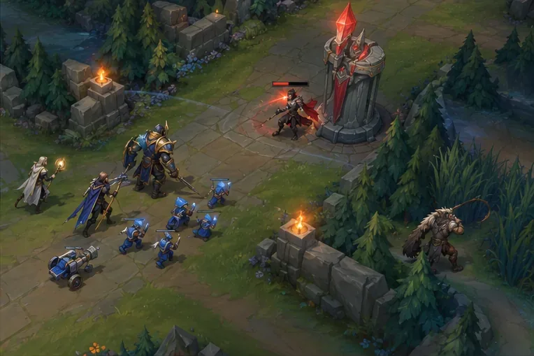 A low-health defender waits under a lane turret while allied champions hold outside range and watch the jungle entrance.