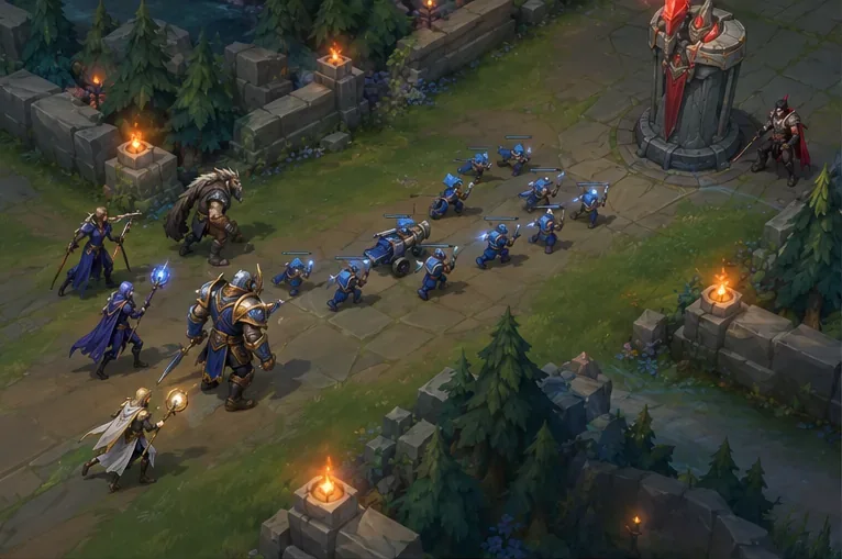 Allies wait behind a large minion wave as it approaches an enemy lane turret.