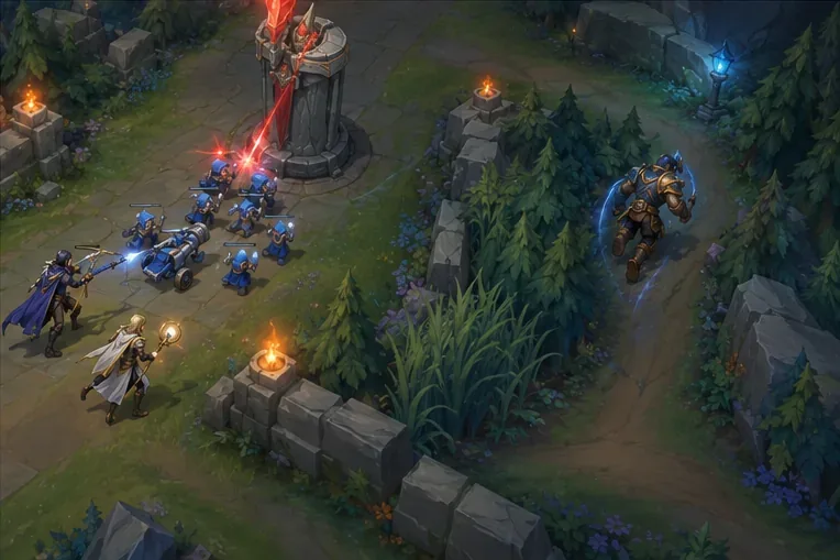 A frontliner retreats along a side path while the turret fires into allied minions and teammates cover the exit.