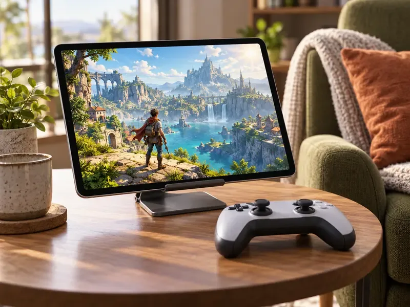 Um tablet em um suporte com um controle de jogos sem fio à frente, sobre uma mesa de sala de estar.