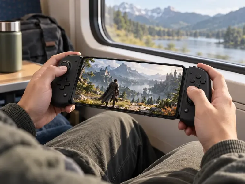 Um smartphone em um controle compacto, segurado por um passageiro ao lado da janela de um trem.