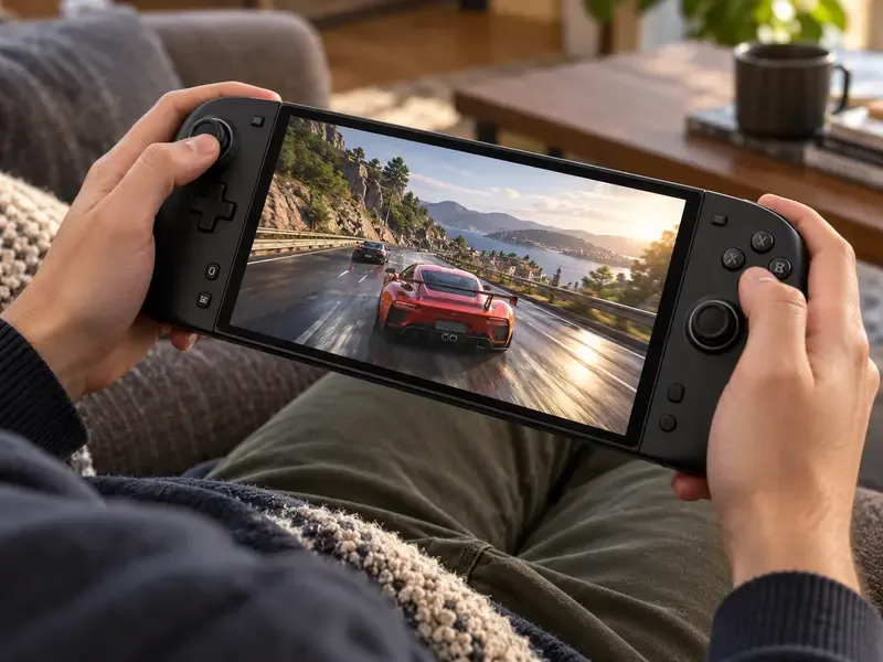 Um console portátil compacto para jogos com controles integrados, ideal para ser usado com as duas mãos enquanto se joga no sofá.