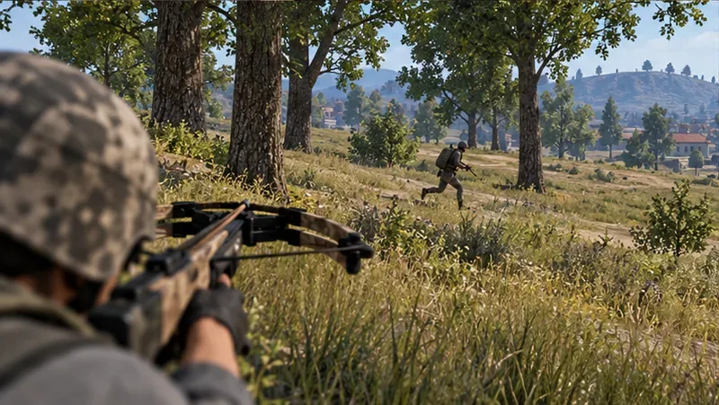 A player tracks an enemy moving across a tree-lined clearing with a crossbow raised.