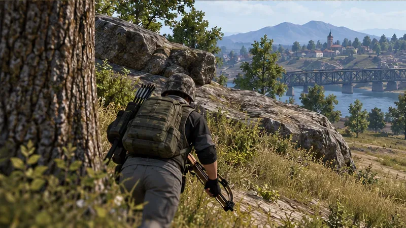 A crossbow user moves from a tree toward a separate rock position after firing.