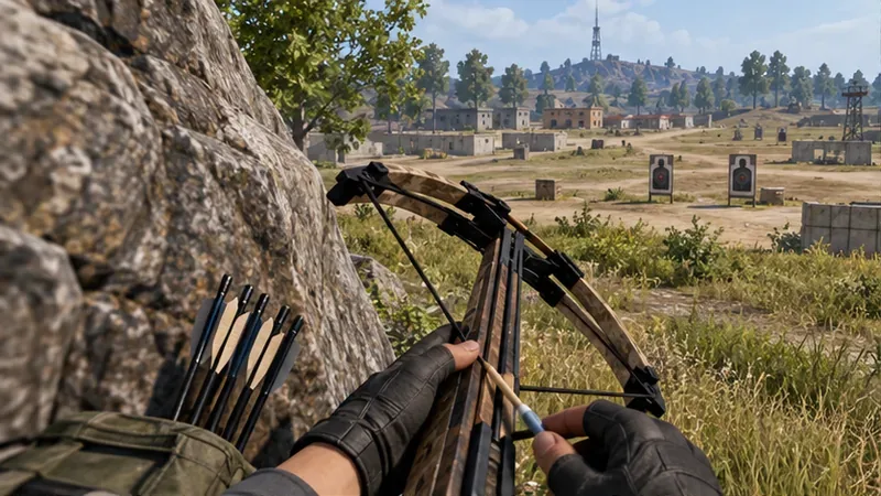 A player checks a loaded crossbow and quiver behind a rock, with practice targets in the distance.