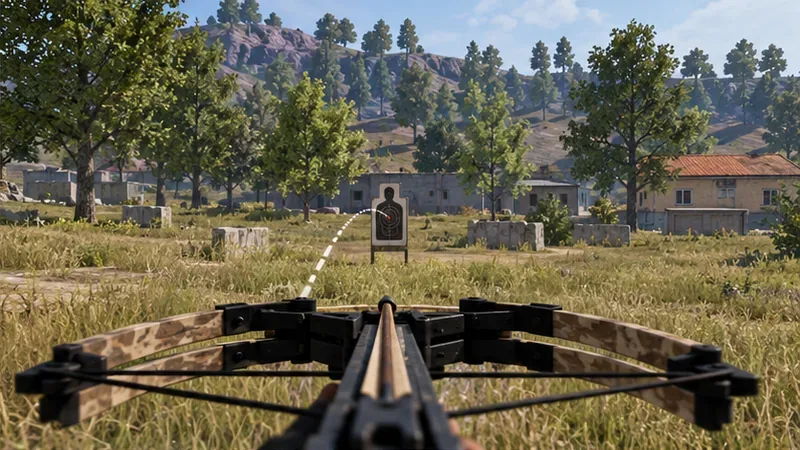 A first-person crossbow is lined up on a stationary practice target, with a curved trajectory guide visible.