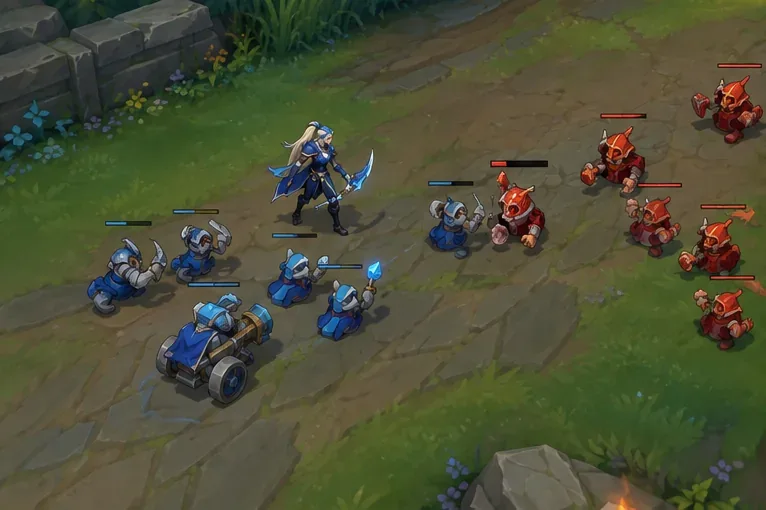 A blue champion stands near low-health red and blue minions in a lane.