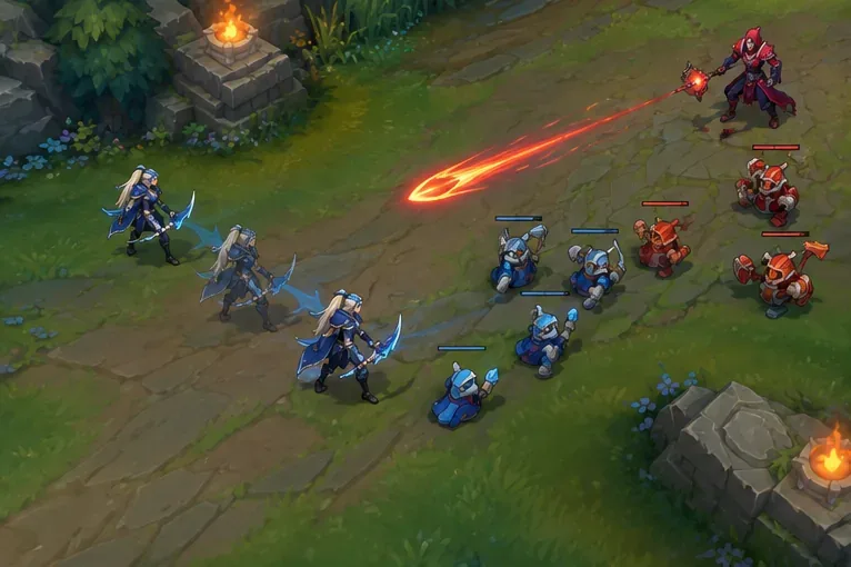 A generic MOBA lane scene shows a blue champion moving sideways as a red projectile crosses the lane.
