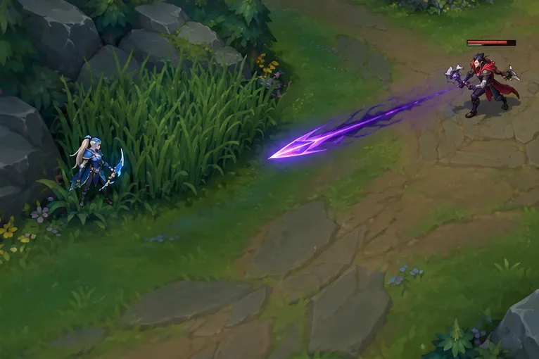 A blue champion waits beside lane brush while a purple skillshot passes across the open path.