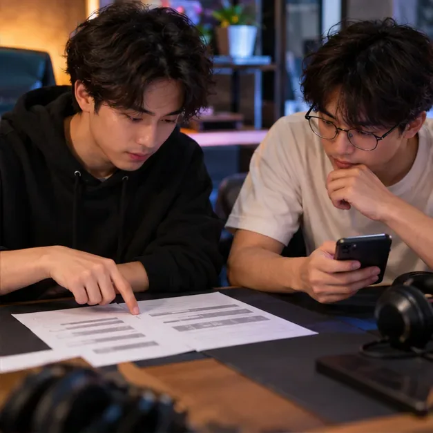 เพื่อนสองคนตรวจสอบกฎการแข่งขันที่พิมพ์ออกมาก่อนการแข่งขันเกมมือถือ