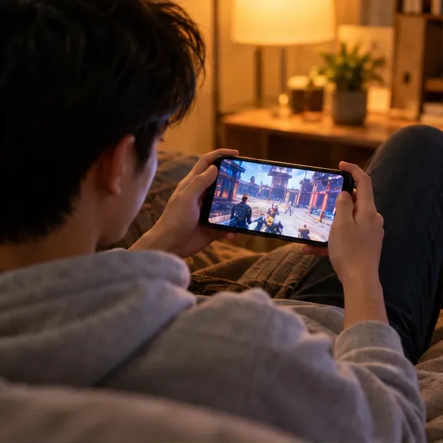 บุคคลหนึ่งกำลังดูการถ่ายทอดสดเกมมือถือบนโทรศัพท์มือถือที่บ้าน