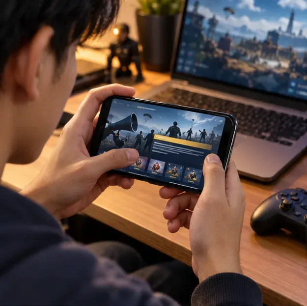 ผู้เล่นคนหนึ่งถือโทรศัพท์ไว้ที่โต๊ะขณะที่หน้าจอเกมมือถือเปิดอยู่ เพื่อแสดงให้เห็นว่าควรดูประกาศอย่างเป็นทางการได้ที่ไหน