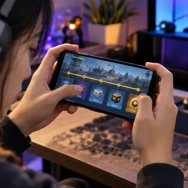 ผู้เล่นกำลังดูความคืบหน้าของรางวัลตามฤดูกาลบนโทรศัพท์ในแนวนอน