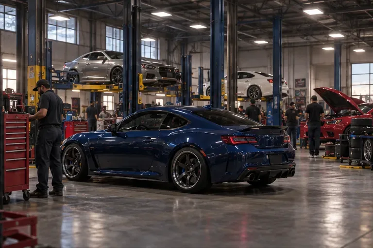 Un coupe sport albastru închis stă într-un atelier de vehicule industriale lângă un mecanic