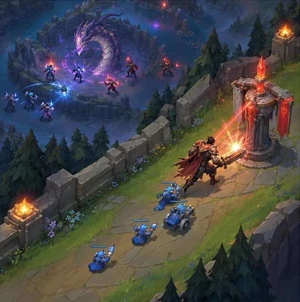 A top laner pressures a side-lane turret while both teams gather near a major neutral objective