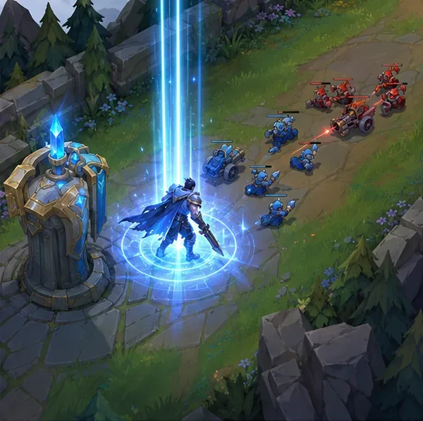 A top-lane champion arrives in a Teleport beam beside allied minions near a friendly turret