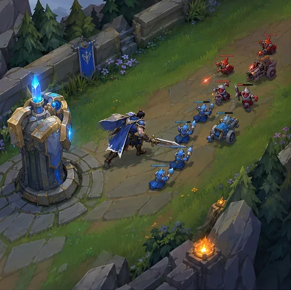 A top-lane champion manages a minion wave just outside an allied turret