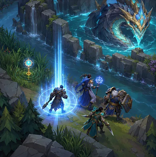 A top-lane champion teleports beside an allied ward near a river objective and joins nearby teammates