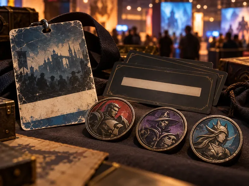 A vintage convention badge, blank redemption cards, and three fantasy character medallions arranged on a table in a warmly lit hall