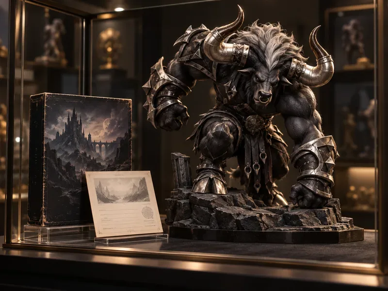 A dark horned fantasy champion statue in a glass case beside a worn PC game box and registration card