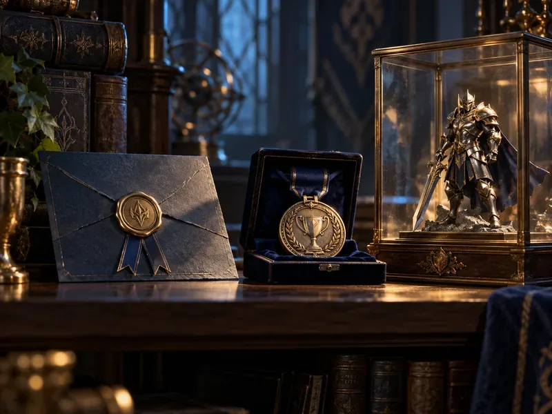 A sealed invitation, a gold tournament medal, and an armored fantasy champion miniature displayed on a collector's shelf