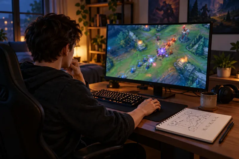 ผู้เล่นคนหนึ่งกำลังดูคลิปวิดีโอรีเพลย์เกม MOBA ที่ไม่ชัดเจนนักอยู่ที่โต๊ะข้างๆ พร้อมกับบันทึกที่เขียนด้วยลายมือและแผนที่เลนที่ร่างไว้
