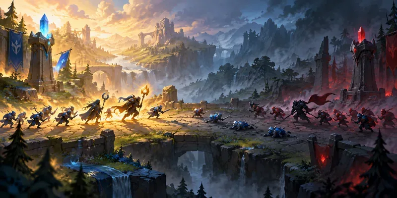 สนามรบ MOBA แนวแฟนตาซีสีน้ำเงินและแดงเปลี่ยนจากแสงสีทองสว่างไปเป็นสีน้ำเงินเข้มและสีแดง แสดงให้เห็นว่าการแพ้ชนะสลับกันสามารถเปลี่ยนแปลงการรับรู้ของผู้เล่นได้อย่างไร