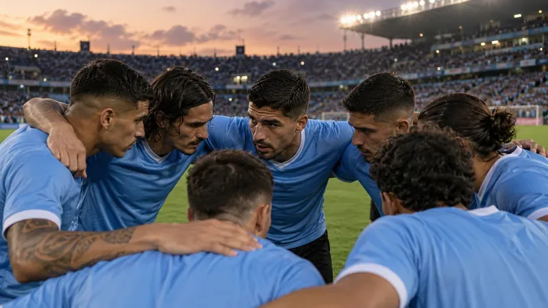 A group of footballers in sky-blue shirts huddles before kickoff under stadium lights.