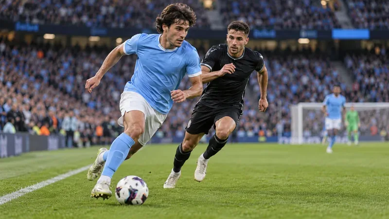A winger in a sky-blue shirt accelerates with the ball as a defender chases along the sideline.