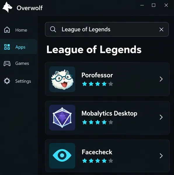 Catálogo ilustrativo de aplicativos da Overwolf com resultados de pesquisa do League of Legends para Porofessor, Mobalytics Desktop e Facecheck.