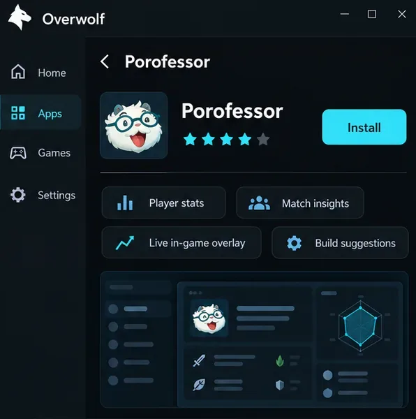 Exemplo ilustrativo do aplicativo Porofessor na loja de aplicativos Overwolf, com o botão Instalar visível.