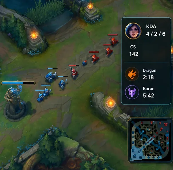 Visão ilustrativa de uma partida de League of Legends com um painel complementar mostrando KDA, CS e contagens regressivas para Dragão e Barão.