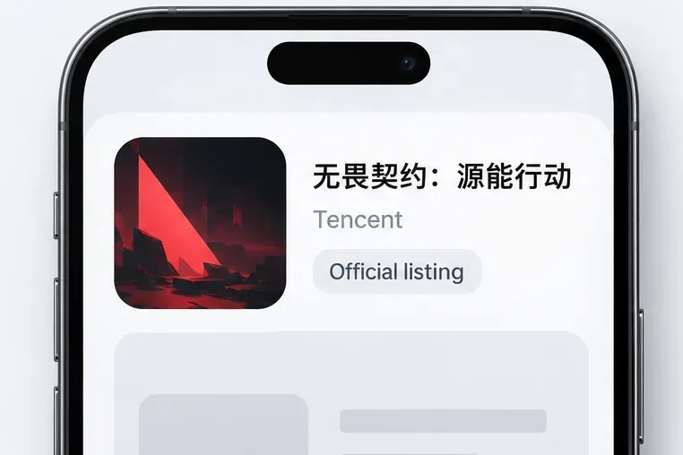 An illustrated store listing shows 无畏契约:源能行动, Tencent, and an Official listing label.