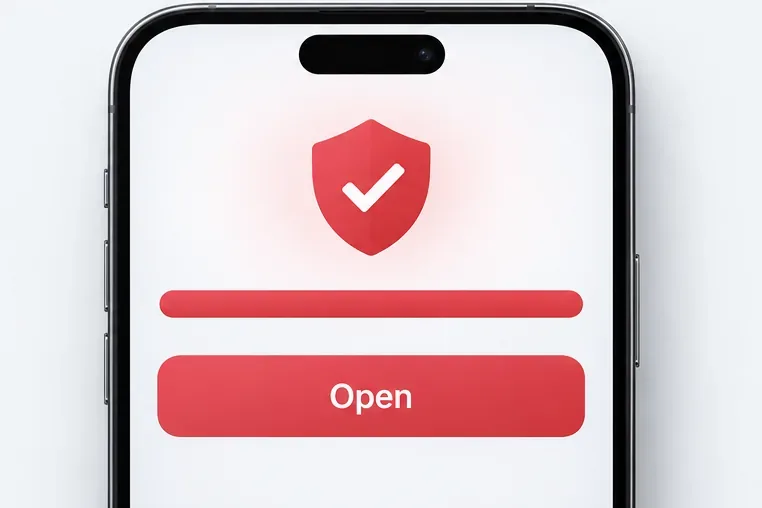 A phone shows a completed download bar, a shield check icon, and an Open button.