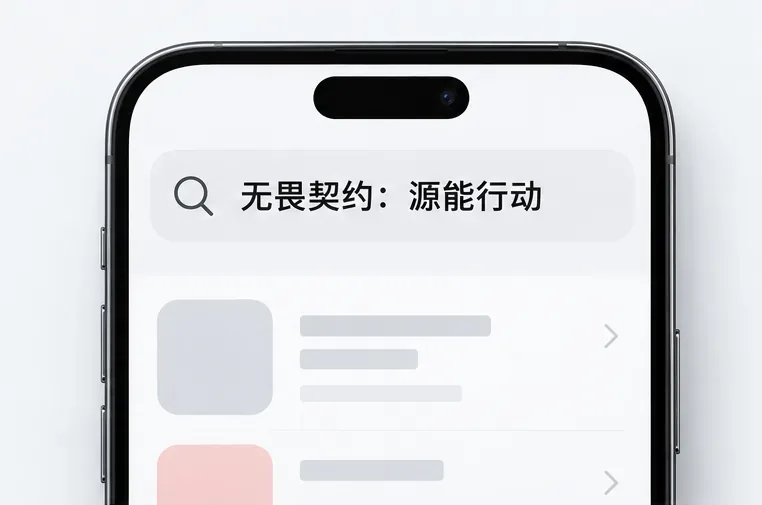 A phone search field displays the exact Chinese title 无畏契约:源能行动 for the mobile game.