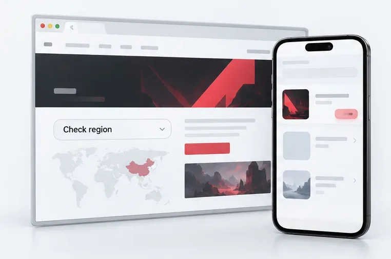 Illustrated browser and phone screens show a region check before searching for the VALORANT mobile game.