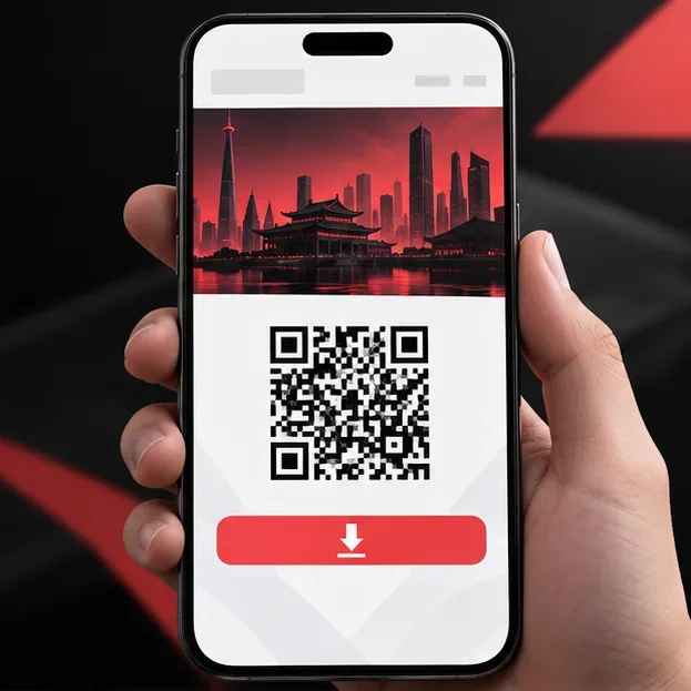 A hand holds a phone showing a simplified QR-code download panel, representing the official Tencent portal route.