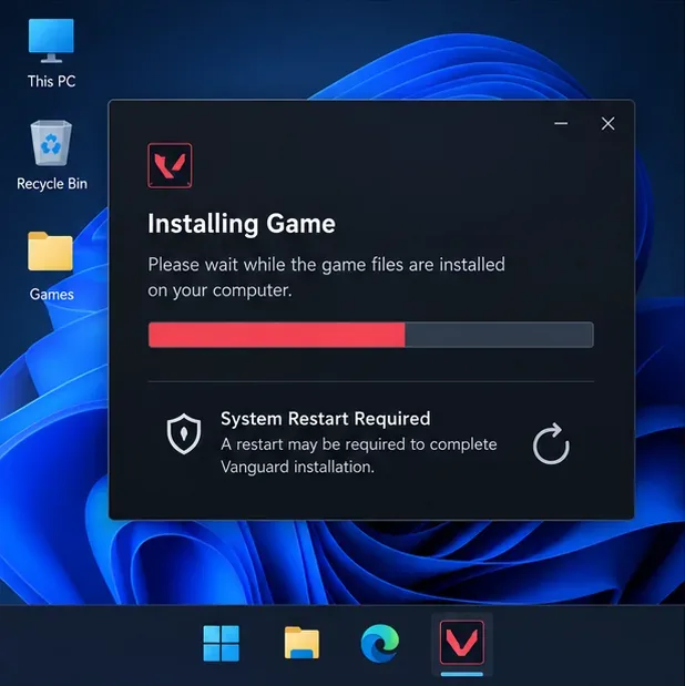 A conceptual Windows game installation window with a progress bar and a restart notice for Vanguard
