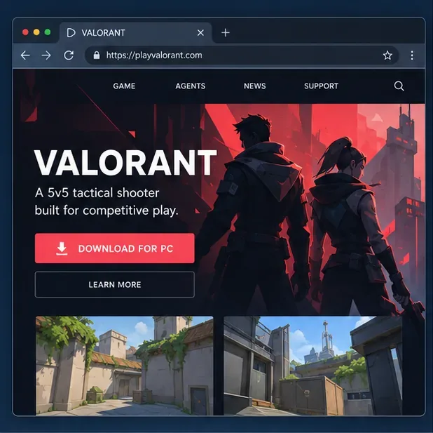 A browser window showing a VALORANT information page and Download for PC button, rather than a playable match