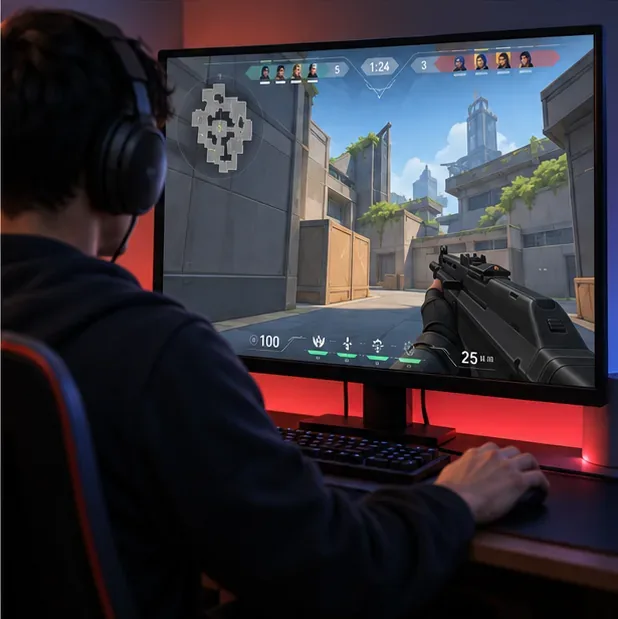 A player at a desktop computer with a tactical shooter running in a separate full-screen PC client