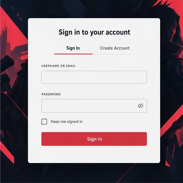 A conceptual Riot Account form with empty username or email and password fields