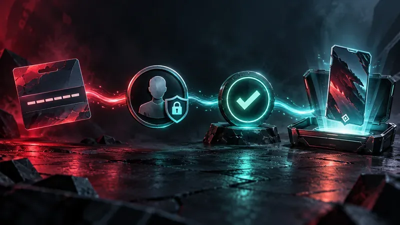 A code card, protected account token, confirmation check, and player card arranged in a left-to-right redemption sequence.