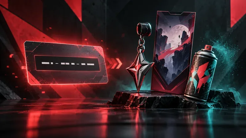 A placeholder code card points toward a weapon charm, player card, and spray can.