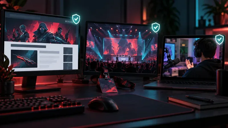 Three screens show a game news page, an esports broadcast, and a creator stream as possible places to spot campaign announcements.