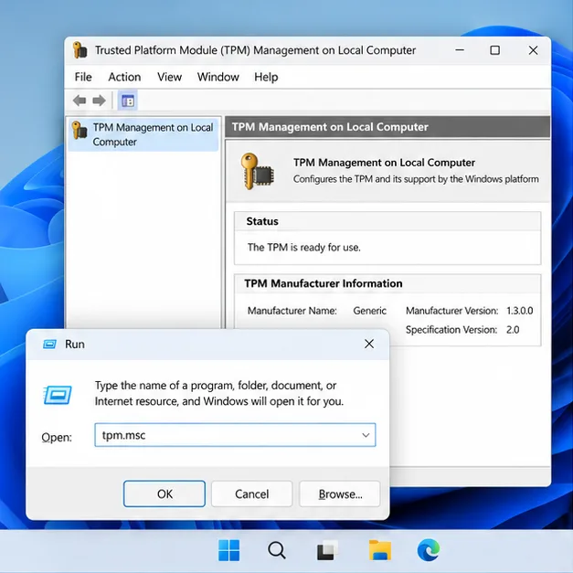 Windows Run dialog with tpm.msc entered over the TPM Management window, which shows that TPM is ready and its specification version is 2.0
