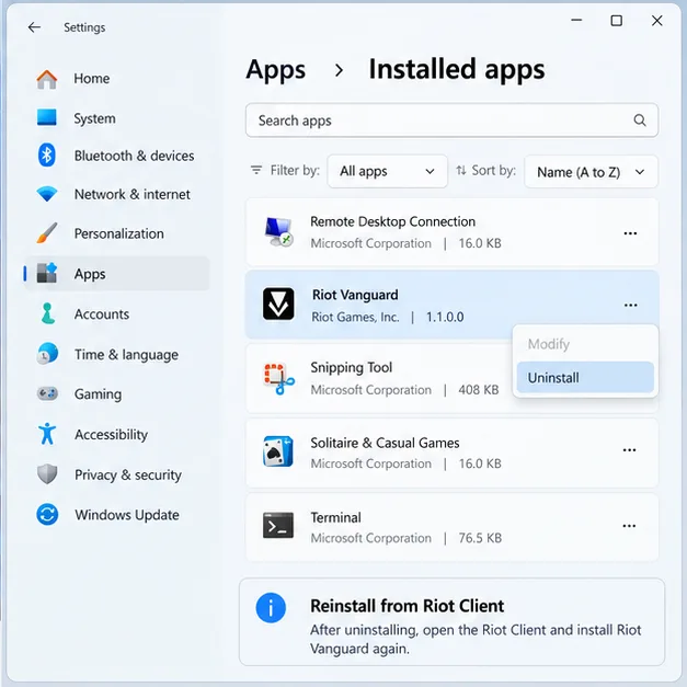 Windows Installed apps screen with Riot Vanguard selected and its Uninstall option visible