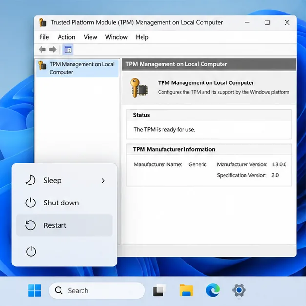 Windows power menu with Restart selected beside TPM Management showing the TPM is ready for use and specification version 2.0