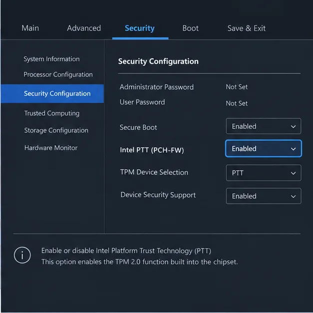 Generic UEFI security settings page with Intel PTT enabled, TPM device selection set to PTT, and a separate Secure Boot row