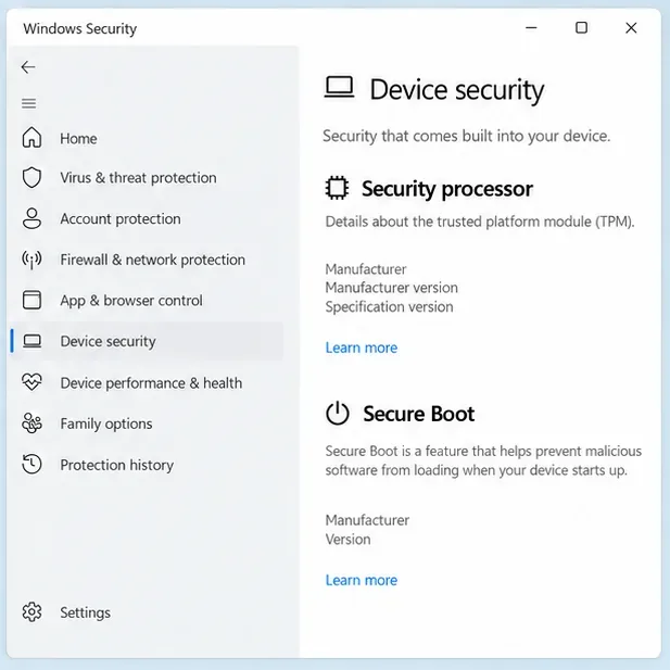 Windows Security Device security page showing Security processor and Secure Boot sections