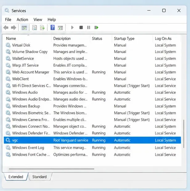 Windows Services console with the vgc service selected and its status shown as Running with Automatic startup